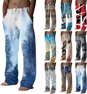 Men's Casual Summer Pants Beach Hawaiian Print Linen Pants Elastic Waist Drawstring Baggy Trousers with Pockets