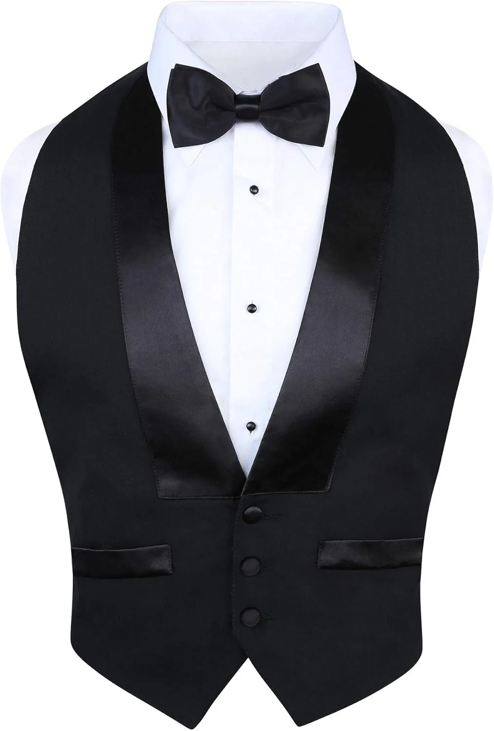 Men's Classic Formal 100% Wool Black Backless Tuxedo Vest Includes Bow Tie