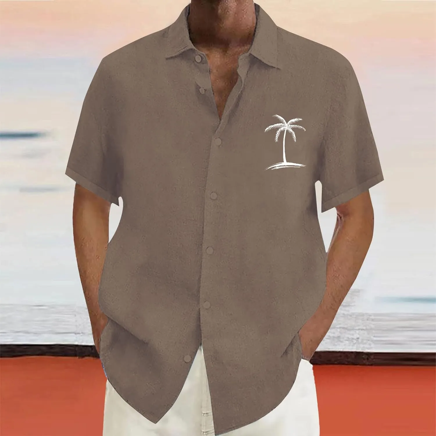 Mens Cotton Linen Shirts Short Sleeve Button Down Shirt Loose Solid Tunic Top Vacation Beach Summer Blouse with Pocket