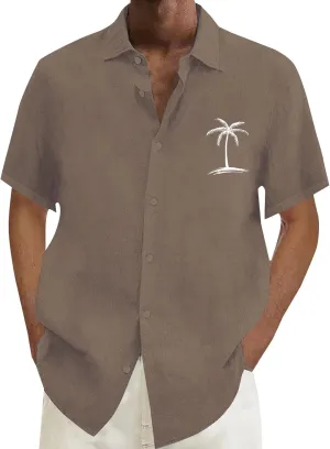Mens Cotton Linen Shirts Short Sleeve Button Down Shirt Loose Solid Tunic Top Vacation Beach Summer Blouse with Pocket
