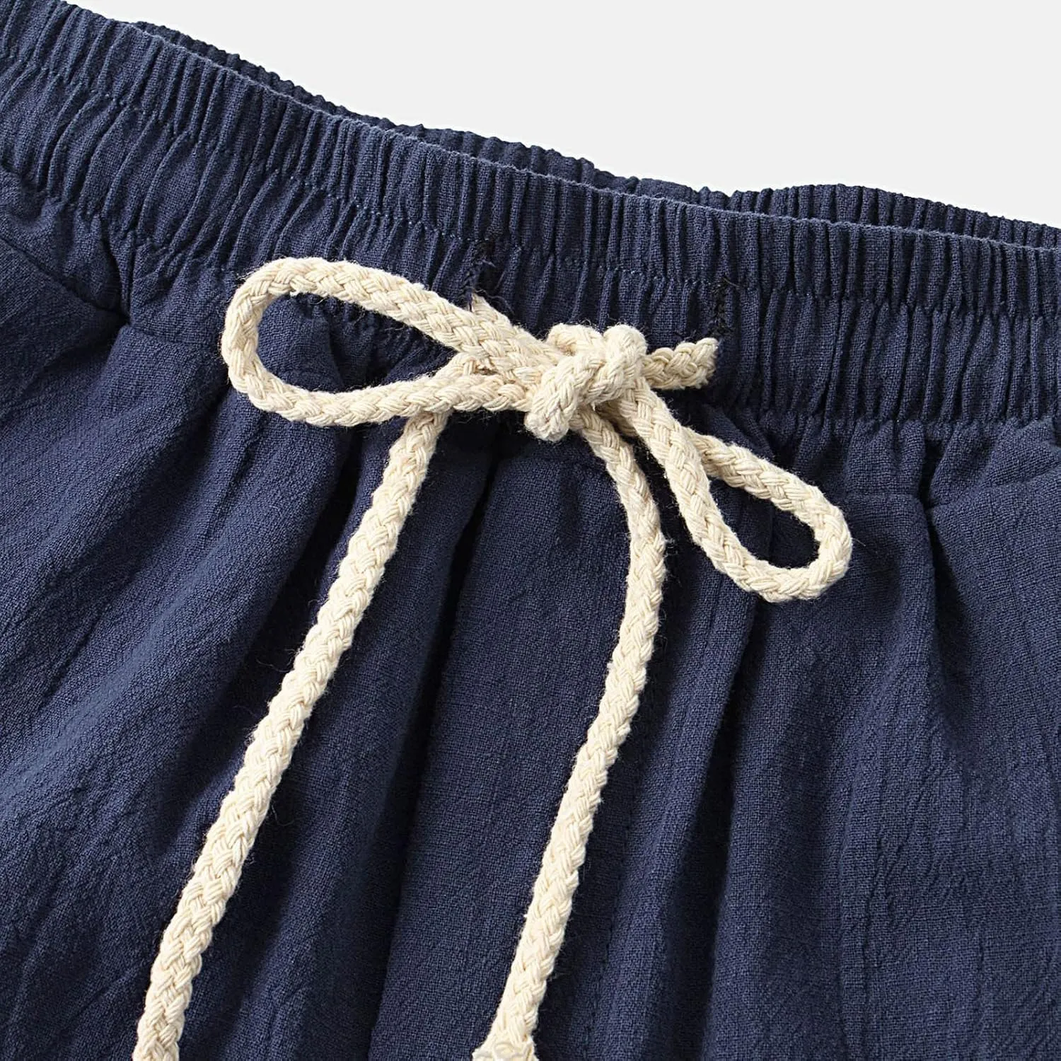 Mens Cotton Linen Shorts Drawstring Elastic Waist Shorts with Pocket Simple Trendy Summer Beach Casual Gym Shorts