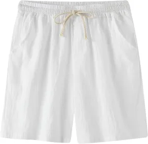 Mens Cotton Linen Shorts Drawstring Elastic Waist Shorts with Pocket Simple Trendy Summer Beach Casual Gym Shorts