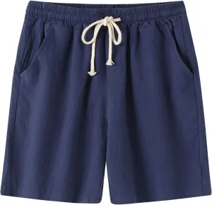 Mens Cotton Linen Shorts Drawstring Elastic Waist Shorts with Pocket Simple Trendy Summer Beach Casual Gym Shorts