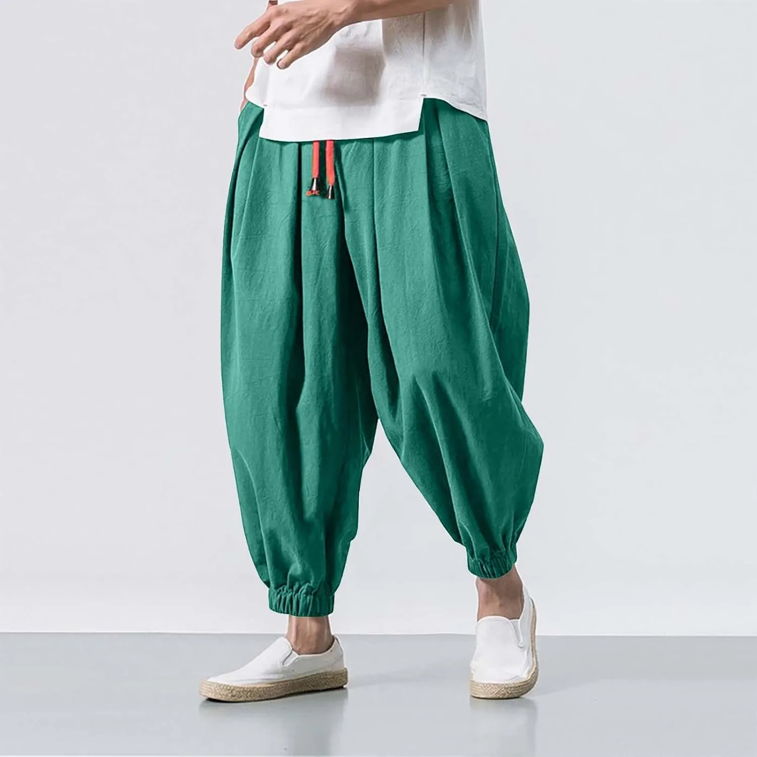 Mens Fashion Casual Loose Solid Color Harem Pants Wide Leg Elasticated Pants Trousers Yoga Beach Pants with Pockets