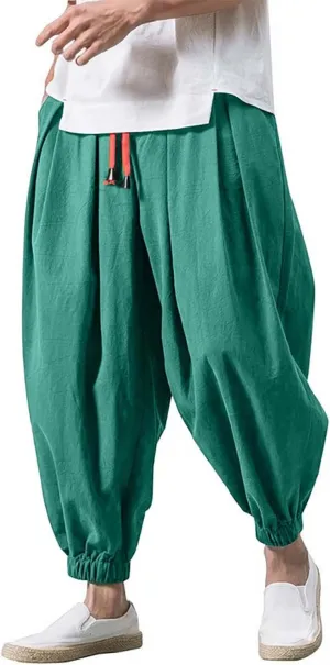 Mens Fashion Casual Loose Solid Color Harem Pants Wide Leg Elasticated Pants Trousers Yoga Beach Pants with Pockets