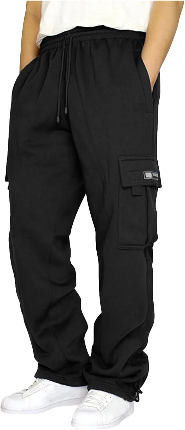 Men's Heavyweight Fleece Cargo Sweatpants Drawstring Elastic Waist Open Bottom Athletic Joggers Pants for Men with Pockets