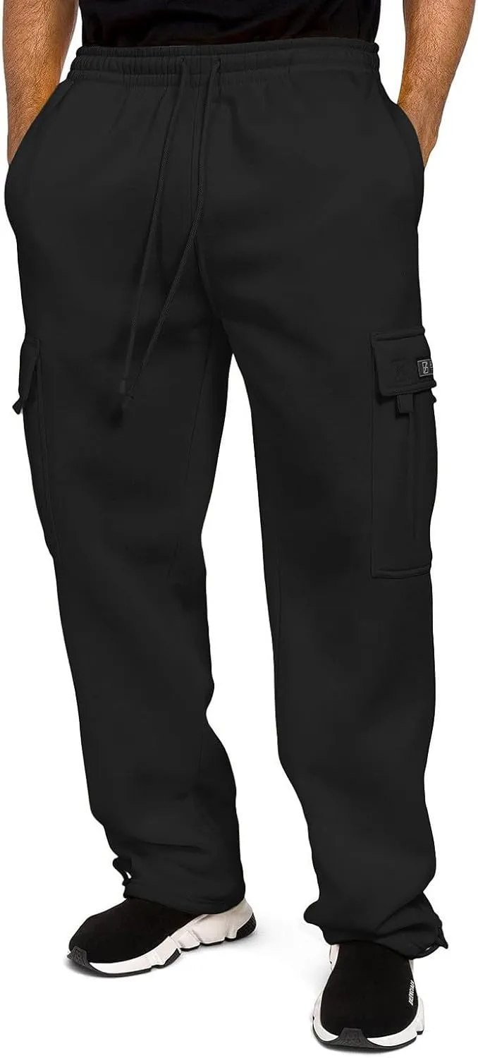 Men's Heavyweight Fleece Cargo Sweatpants Drawstring Elastic Waist Open Bottom Athletic Joggers Pants for Men with Pockets
