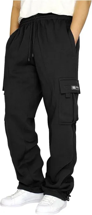 Men's Heavyweight Fleece Cargo Sweatpants Drawstring Elastic Waist Open Bottom Athletic Joggers Pants for Men with Pockets