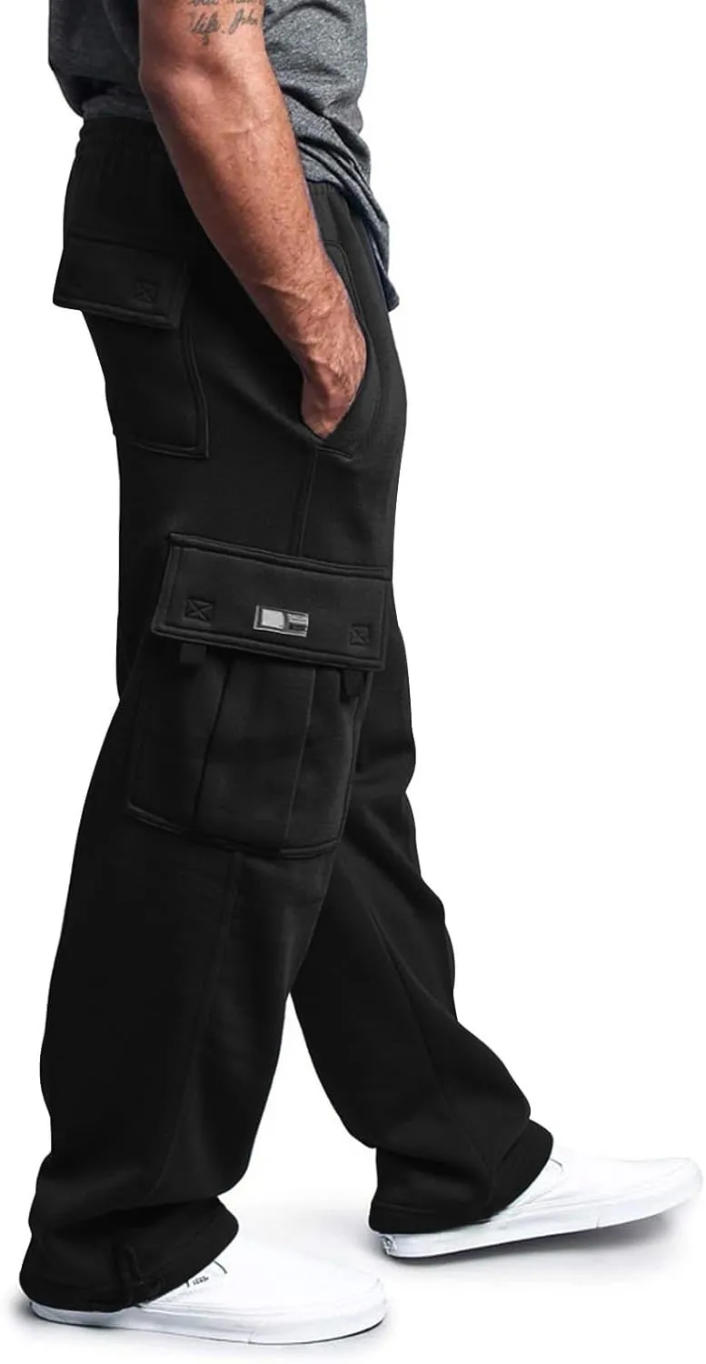 Men's Heavyweight Fleece Cargo Sweatpants Drawstring Elastic Waist Open Bottom Athletic Joggers Pants for Men with Pockets