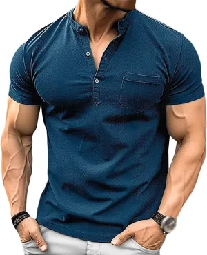Mens Henley Shirts Short Sleeve Stylish Summer Slim Fit Tee Shirts Casual Stand Collar Basic T Shirt with Pocket