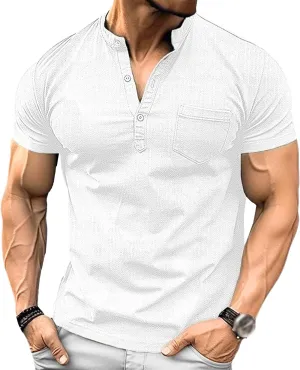 Mens Henley Shirts Short Sleeve Stylish Summer Slim Fit Tee Shirts Casual Stand Collar Basic T Shirt with Pocket