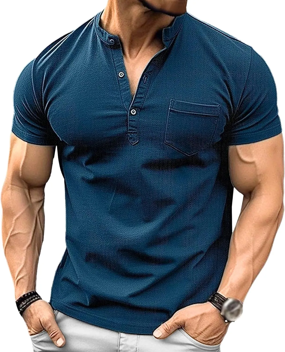 Mens Henley Shirts Short Sleeve Stylish Summer Slim Fit Tee Shirts Casual Stand Collar Basic T Shirt with Pocket