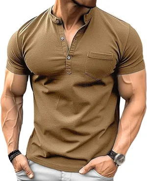 Mens Henley Shirts Short Sleeve Stylish Summer Slim Fit Tee Shirts Casual Stand Collar Basic T Shirt with Pocket