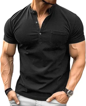 Mens Henley Shirts Short Sleeve Stylish Summer Slim Fit Tee Shirts Casual Stand Collar Basic T Shirt with Pocket
