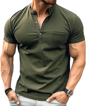 Mens Henley Shirts Short Sleeve Stylish Summer Slim Fit Tee Shirts Casual Stand Collar Basic T Shirt with Pocket