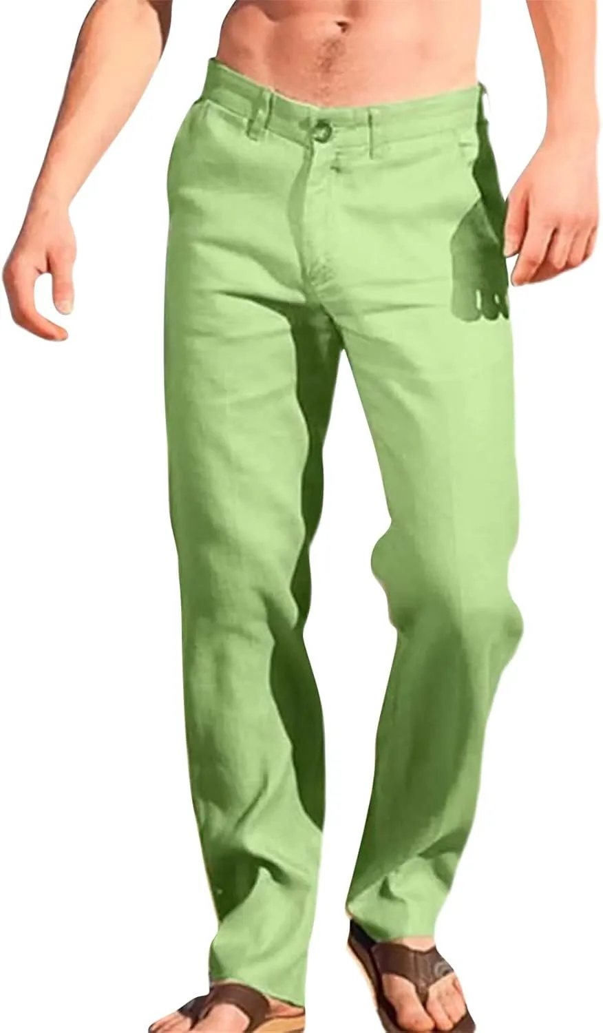 Mens Linen Pants Casual Classic Flat Front Chino Pants Casual Lightweight Straight Leg Summer Beach Trousers