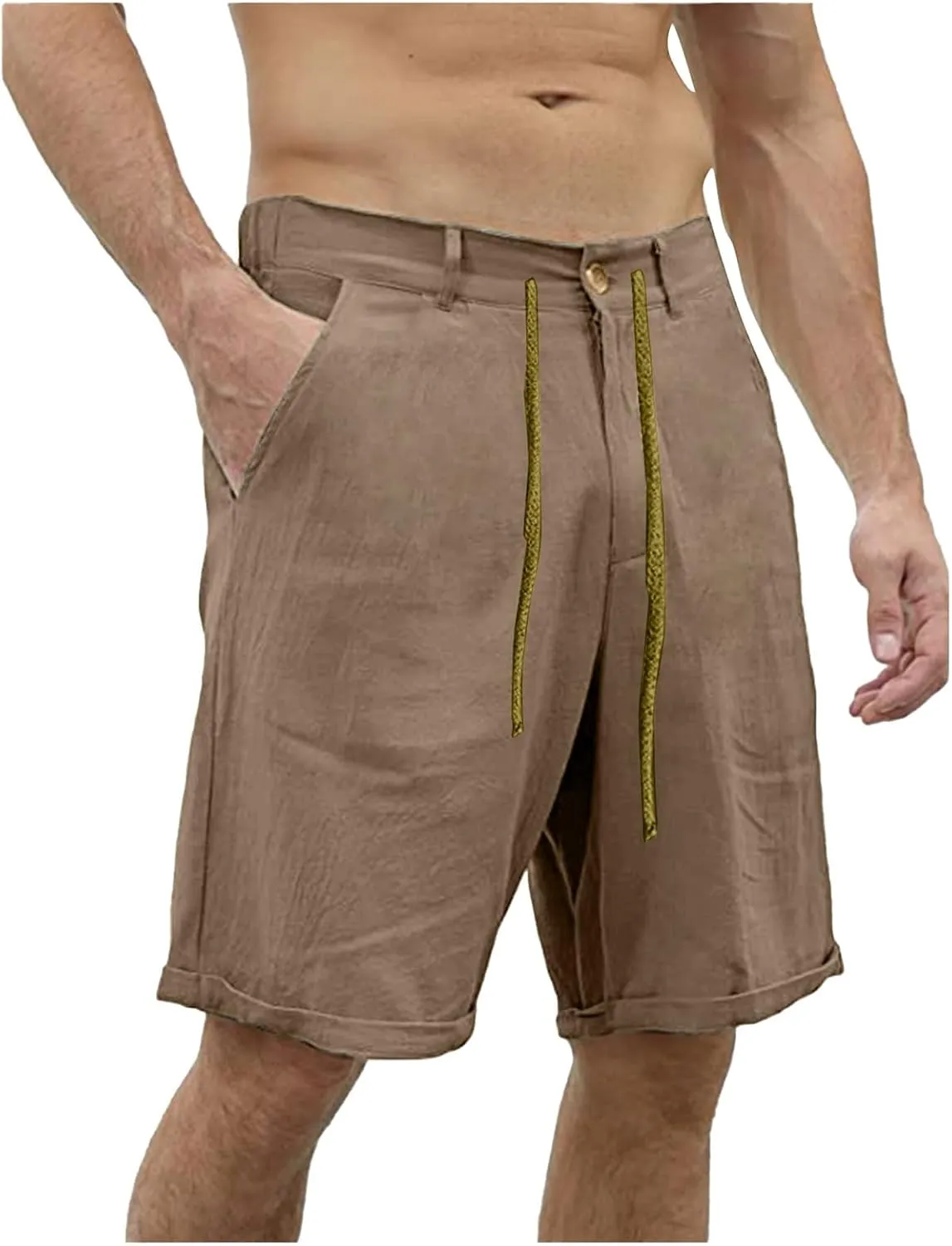 Men's Linen Regular Fit Shorts, Casual Elastic Waist Drawstring Lightweight Board Summer Beach Shorts with Pockets