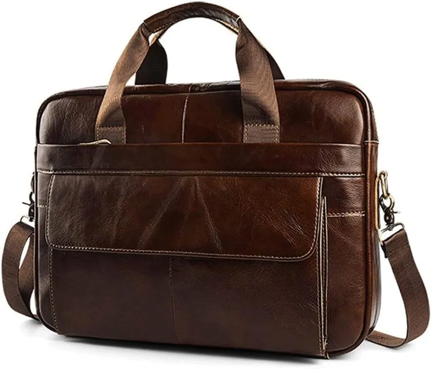 Men's Messenger Bag Vintage Genuine Leather Briefcase Shoulder Bag Waxed Canvas Leather Computer