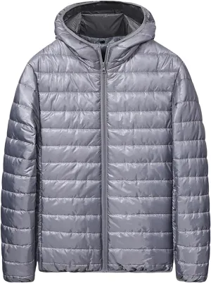 Mens Puffer Jacket Lightweight Packable Quilted Hooded Winter Down Coat Insulated Thick Bubble Outerwear with Pockets
