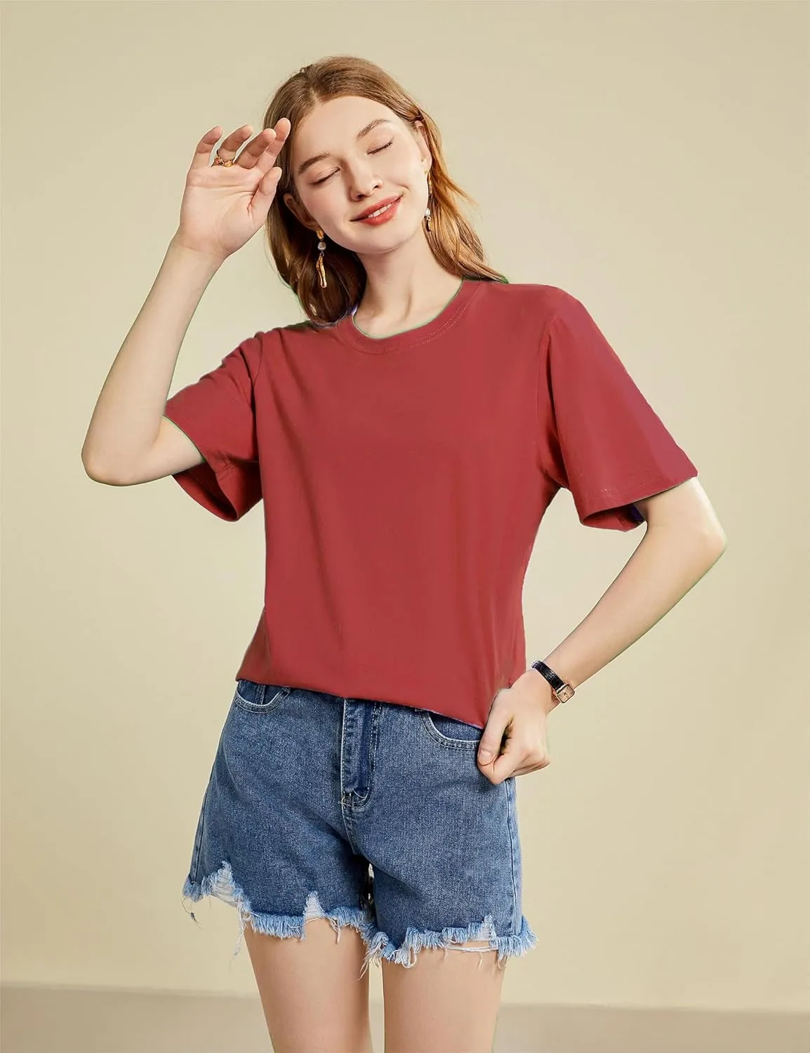 Mettclasi Women's Lightweight 100% Cotton Short-Sleeve T-Shirt, 1 Or 3 Pack, Classic Loose-Fit Crewneck Solid Tee Shirt