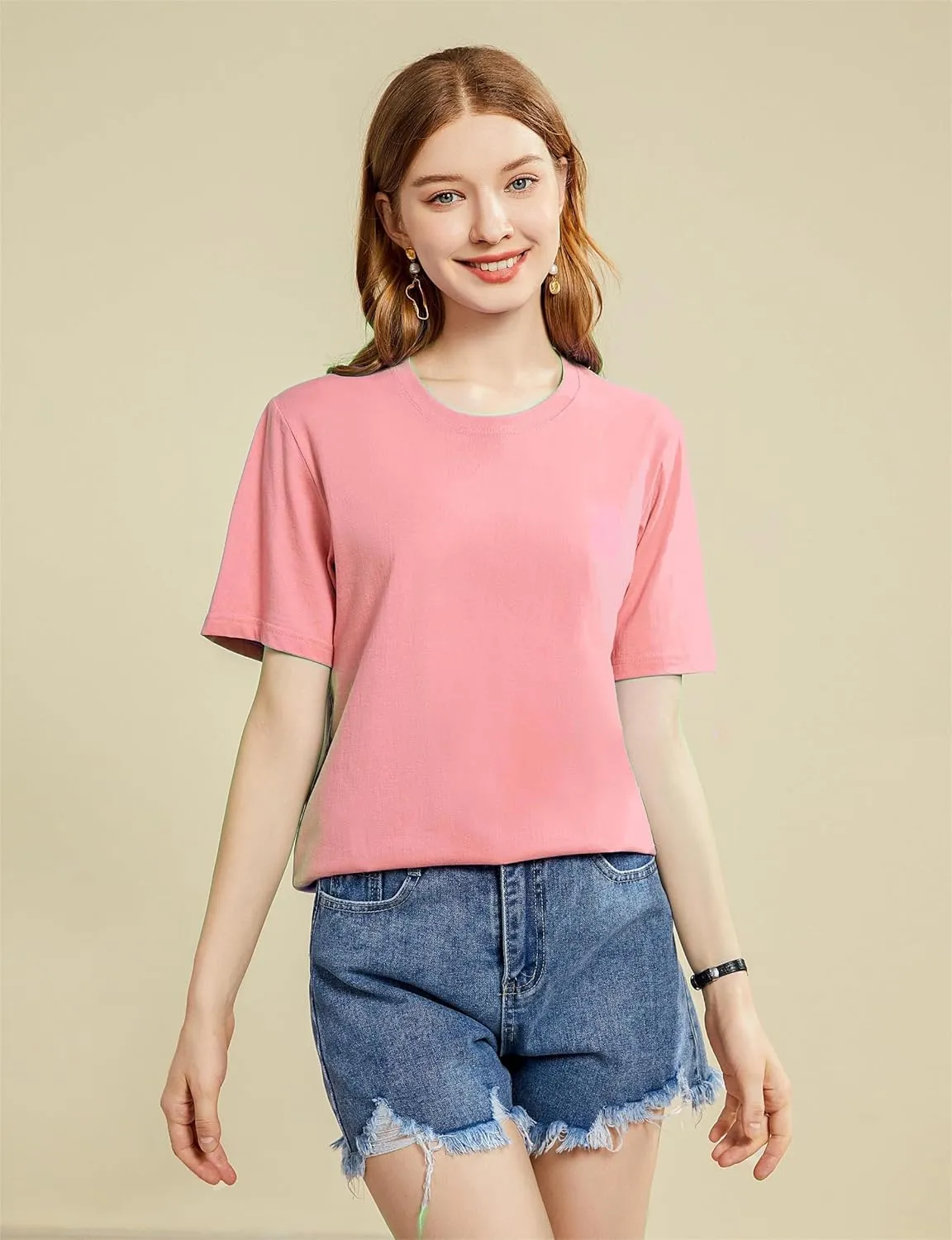 Mettclasi Women's Lightweight 100% Cotton Short-Sleeve T-Shirt, 1 Or 3 Pack, Classic Loose-Fit Crewneck Solid Tee Shirt