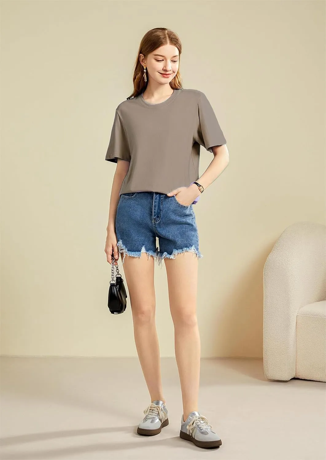 Mettclasi Women's Lightweight 100% Cotton Short-Sleeve T-Shirt, 1 Or 3 Pack, Classic Loose-Fit Crewneck Solid Tee Shirt