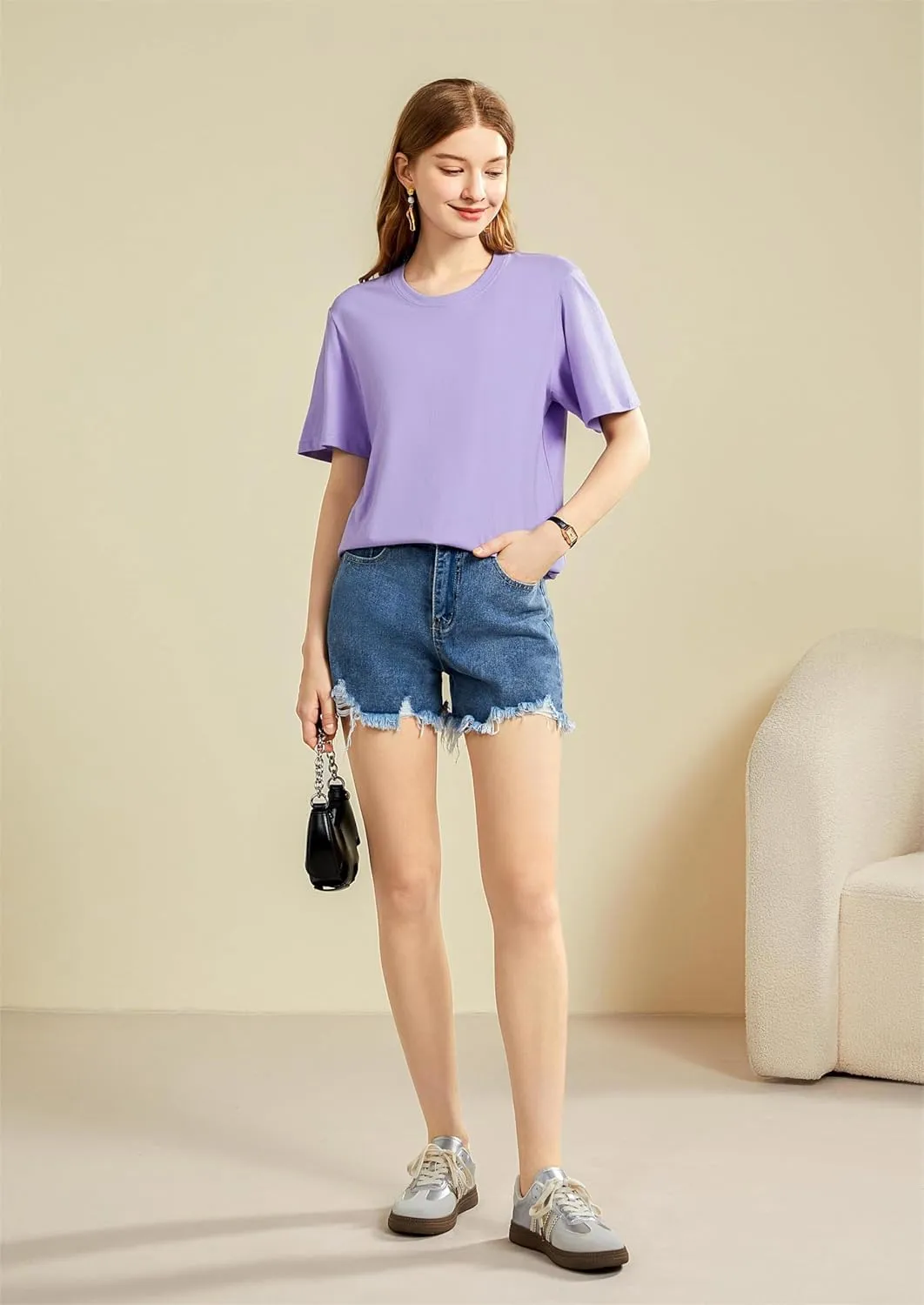 Mettclasi Women's Lightweight 100% Cotton Short-Sleeve T-Shirt, 1 Or 3 Pack, Classic Loose-Fit Crewneck Solid Tee Shirt