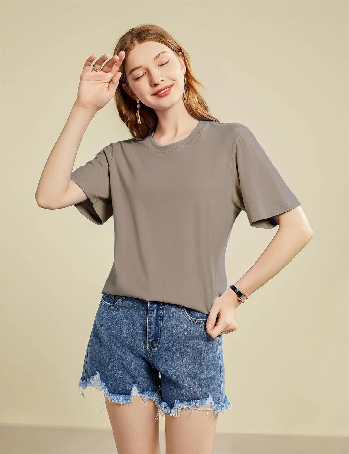 Mettclasi Women's Lightweight 100% Cotton Short-Sleeve T-Shirt, 1 Or 3 Pack, Classic Loose-Fit Crewneck Solid Tee Shirt