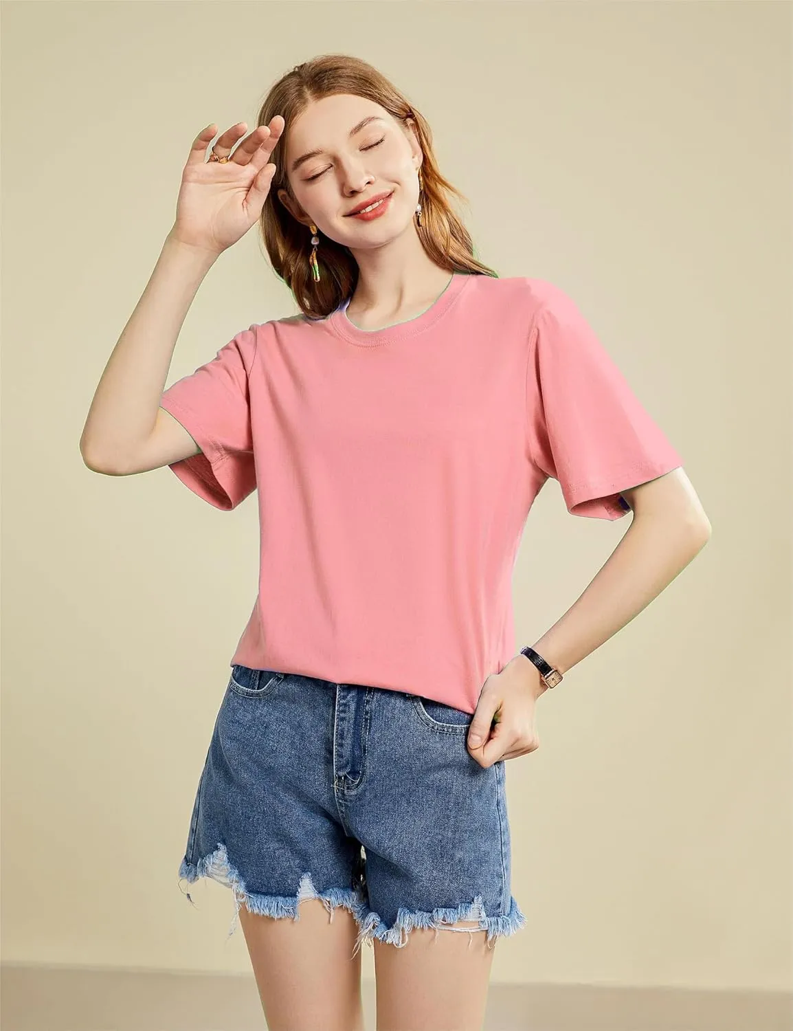 Mettclasi Women's Lightweight 100% Cotton Short-Sleeve T-Shirt, 1 Or 3 Pack, Classic Loose-Fit Crewneck Solid Tee Shirt