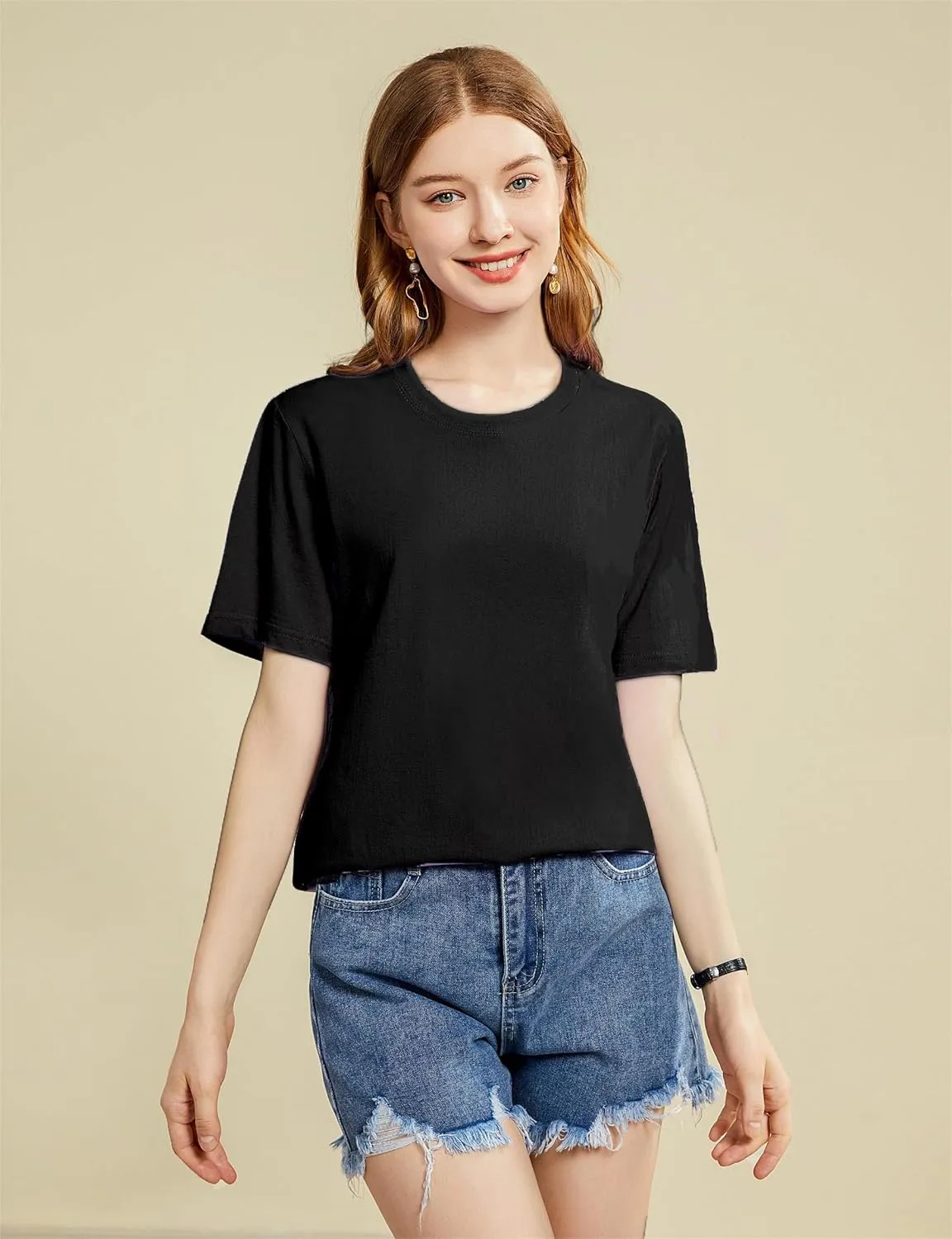 Mettclasi Women's Lightweight 100% Cotton Short-Sleeve T-Shirt, 1 Or 3 Pack, Classic Loose-Fit Crewneck Solid Tee Shirt