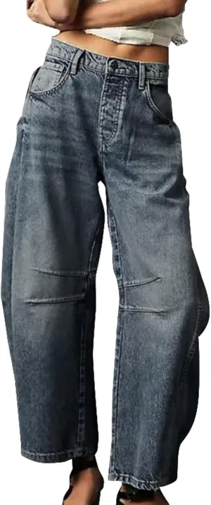 Miyaomn Vintage Barrel Jeans for Women High Waisted Wide Leg Baggy Cropped Harem Pants Y2k Boyfriend Stretch Denim Trousers