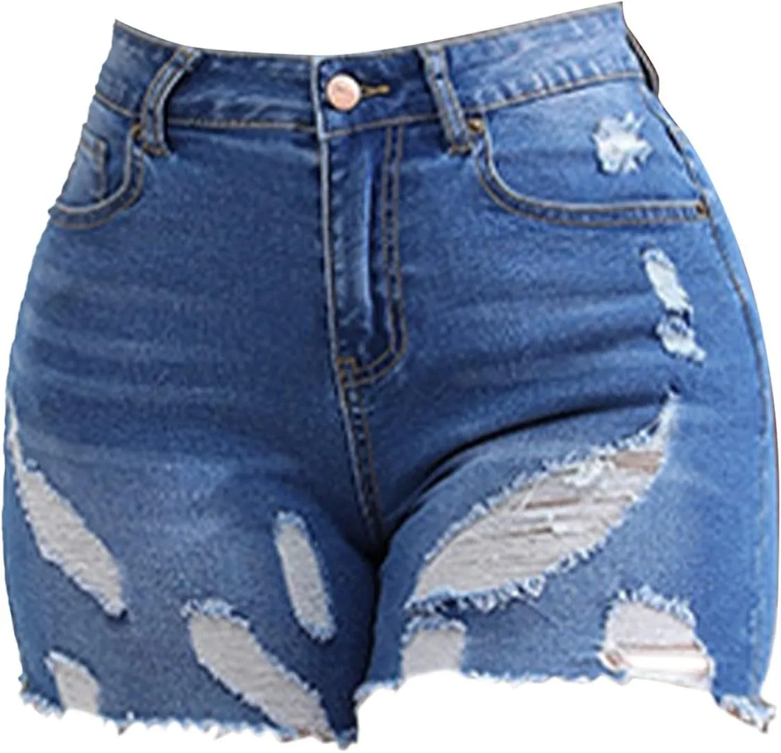 Miyaomn Womens Summer Casual Ripped Jean Shorts High Waisted Skinny Stretchy Distressed Hot Pants Frayed Raw Hem Denim Shorts