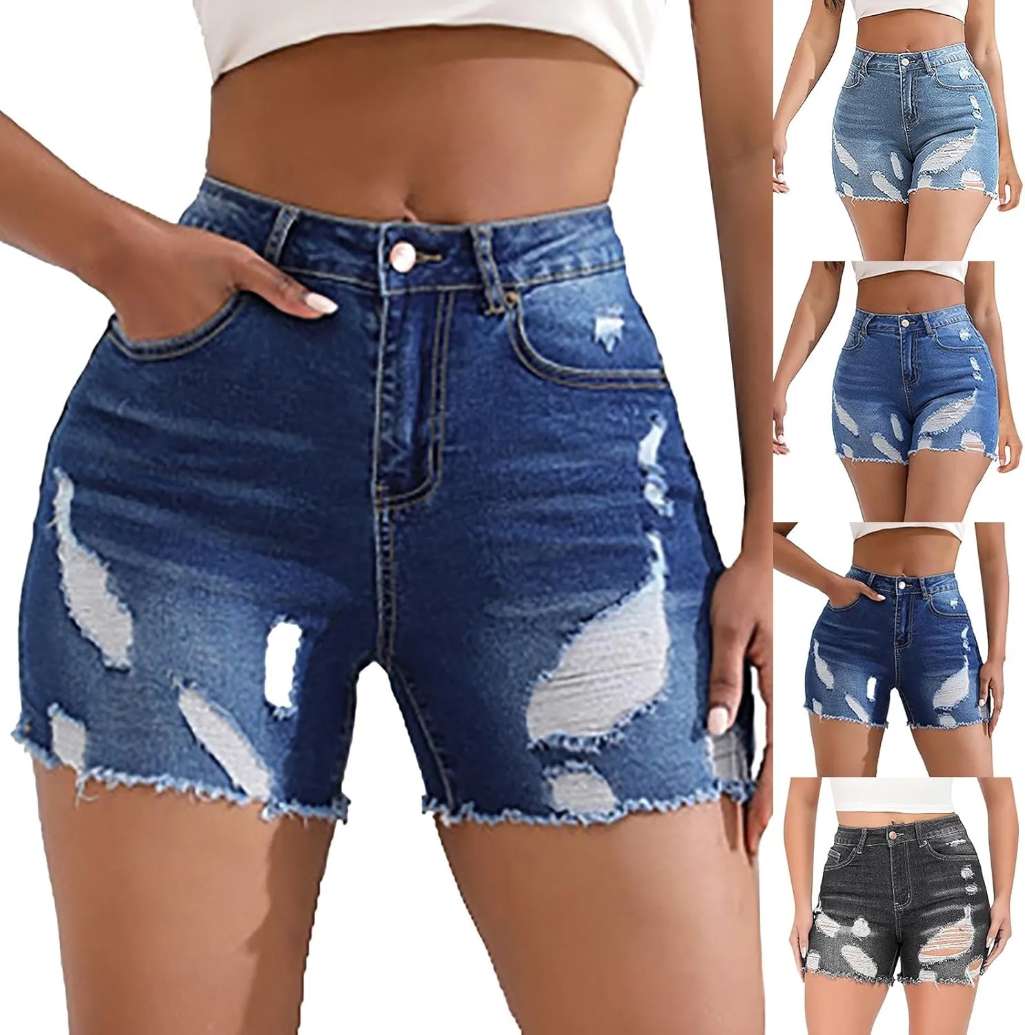 Miyaomn Womens Summer Casual Ripped Jean Shorts High Waisted Skinny Stretchy Distressed Hot Pants Frayed Raw Hem Denim Shorts