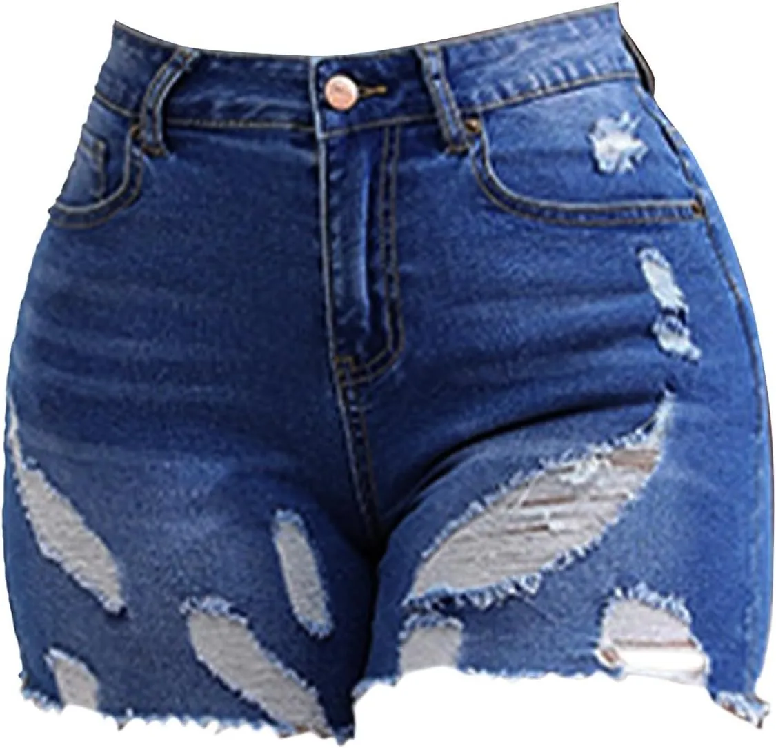 Miyaomn Womens Summer Casual Ripped Jean Shorts High Waisted Skinny Stretchy Distressed Hot Pants Frayed Raw Hem Denim Shorts
