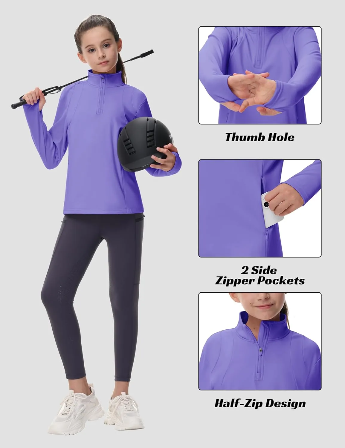 MoFiz Girls Fleece Long Sleeve Shirts Half Zip Fall Winter Jacket Horse Riding Thermal Pullover Sweatshirts with Pockets