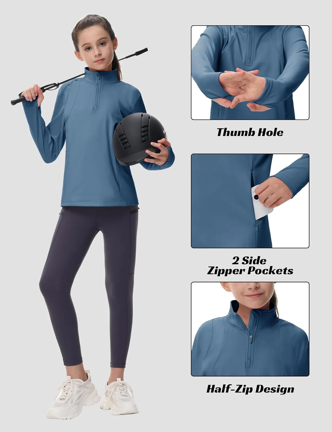 MoFiz Girls Fleece Long Sleeve Shirts Half Zip Fall Winter Jacket Horse Riding Thermal Pullover Sweatshirts with Pockets