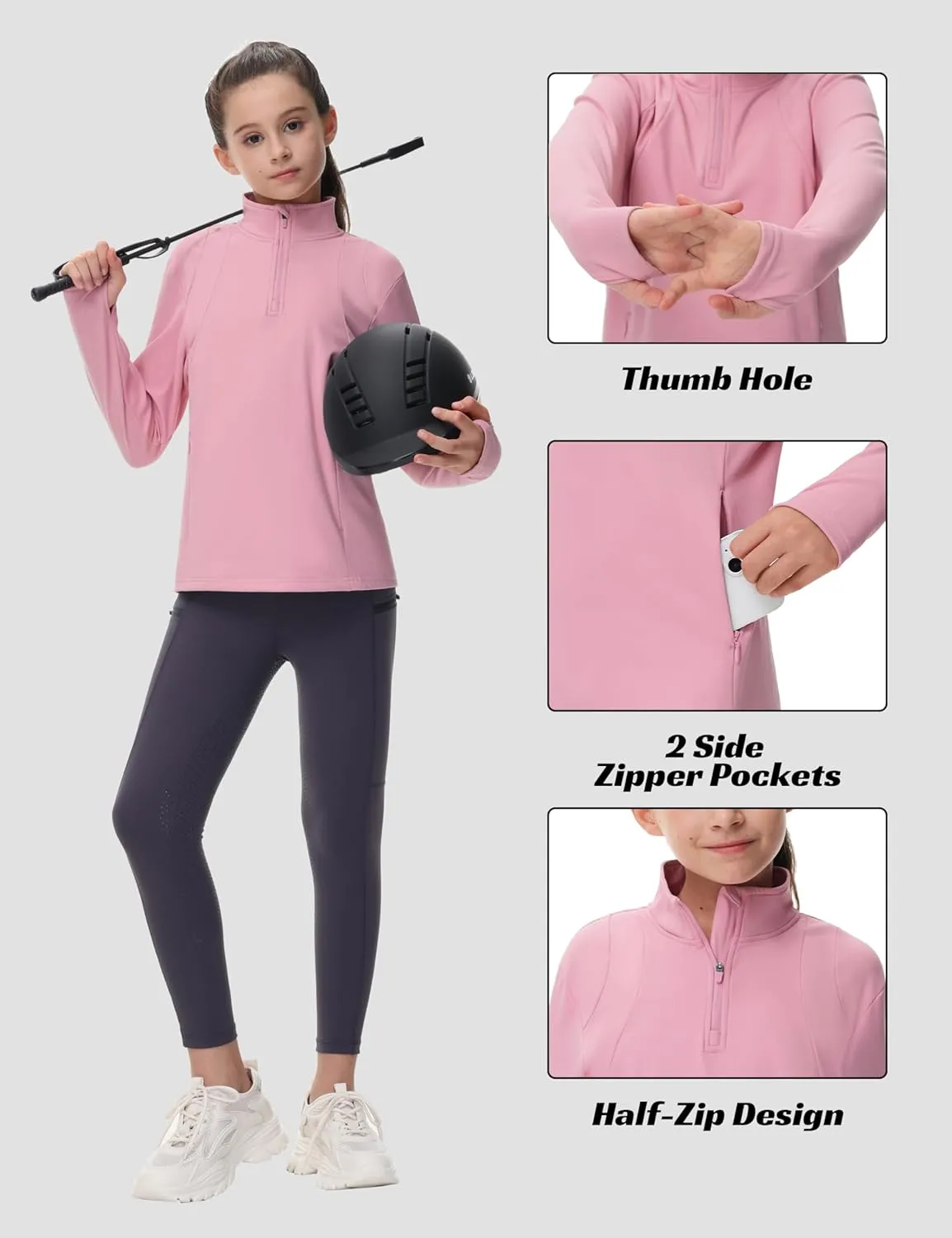 MoFiz Girls Fleece Long Sleeve Shirts Half Zip Fall Winter Jacket Horse Riding Thermal Pullover Sweatshirts with Pockets