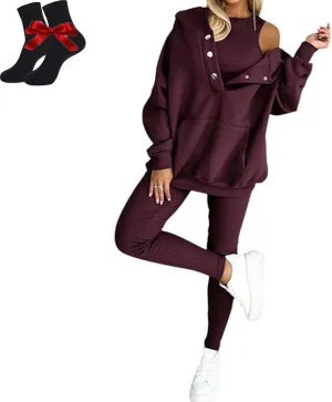 Montara 3 Piece Hoodie Set Women, Oversized Hooded Casual 3pcs Sweatshirt Suit, Button Collar and V-Neckcan Switch Designs