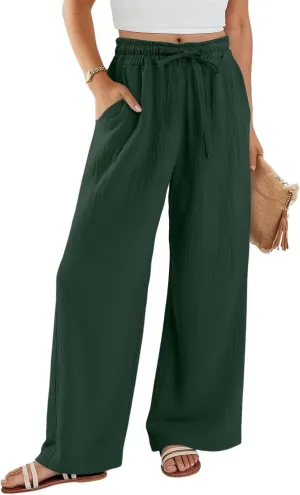 NBXNZWF Women's Linen Pants Wide Leg Elastic High Waisted Pull On Trousers Flowy Summer Beach Palazzo Pants with Pockets