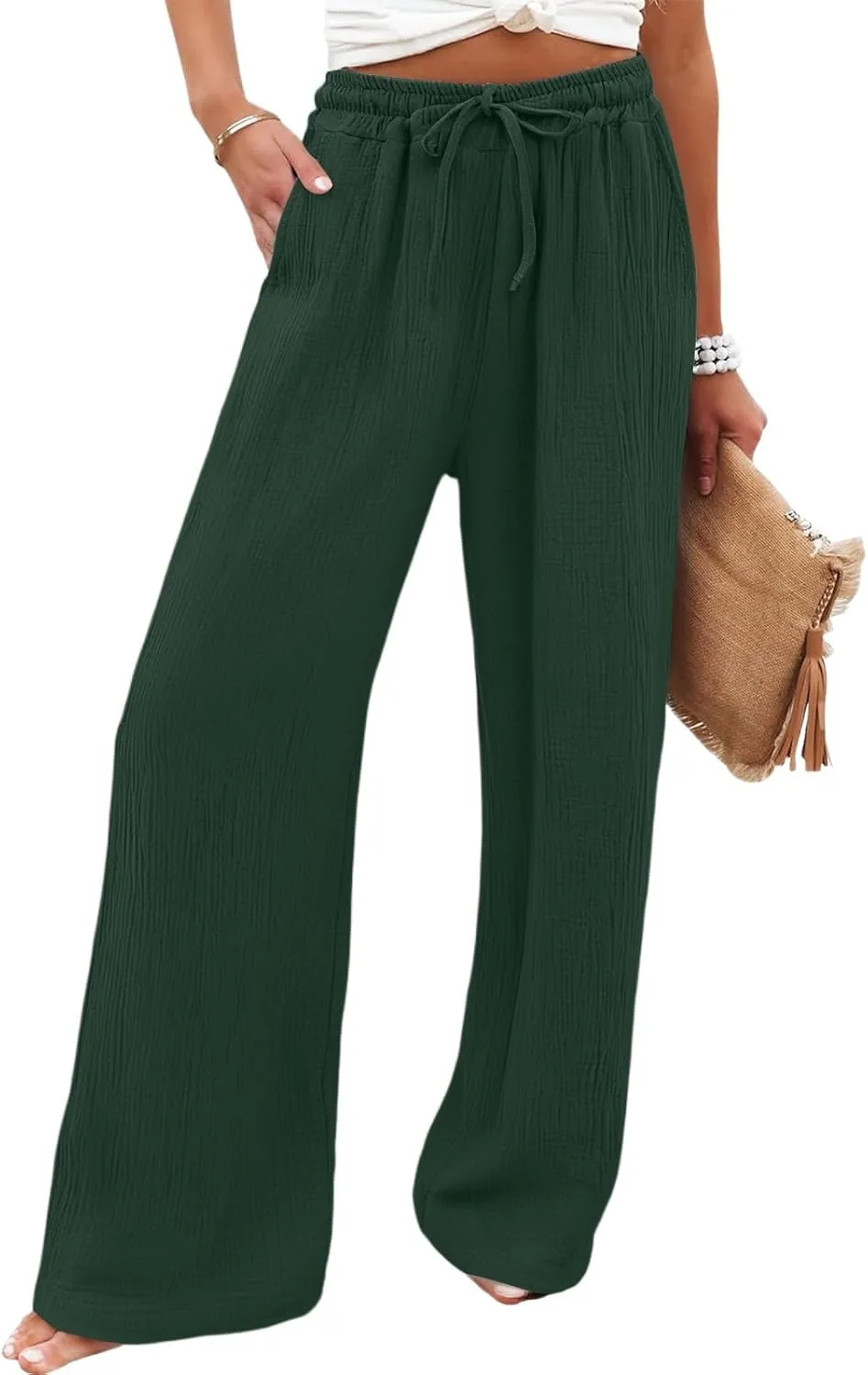 NBXNZWF Women's Linen Pants Wide Leg Elastic High Waisted Pull On Trousers Flowy Summer Beach Palazzo Pants with Pockets