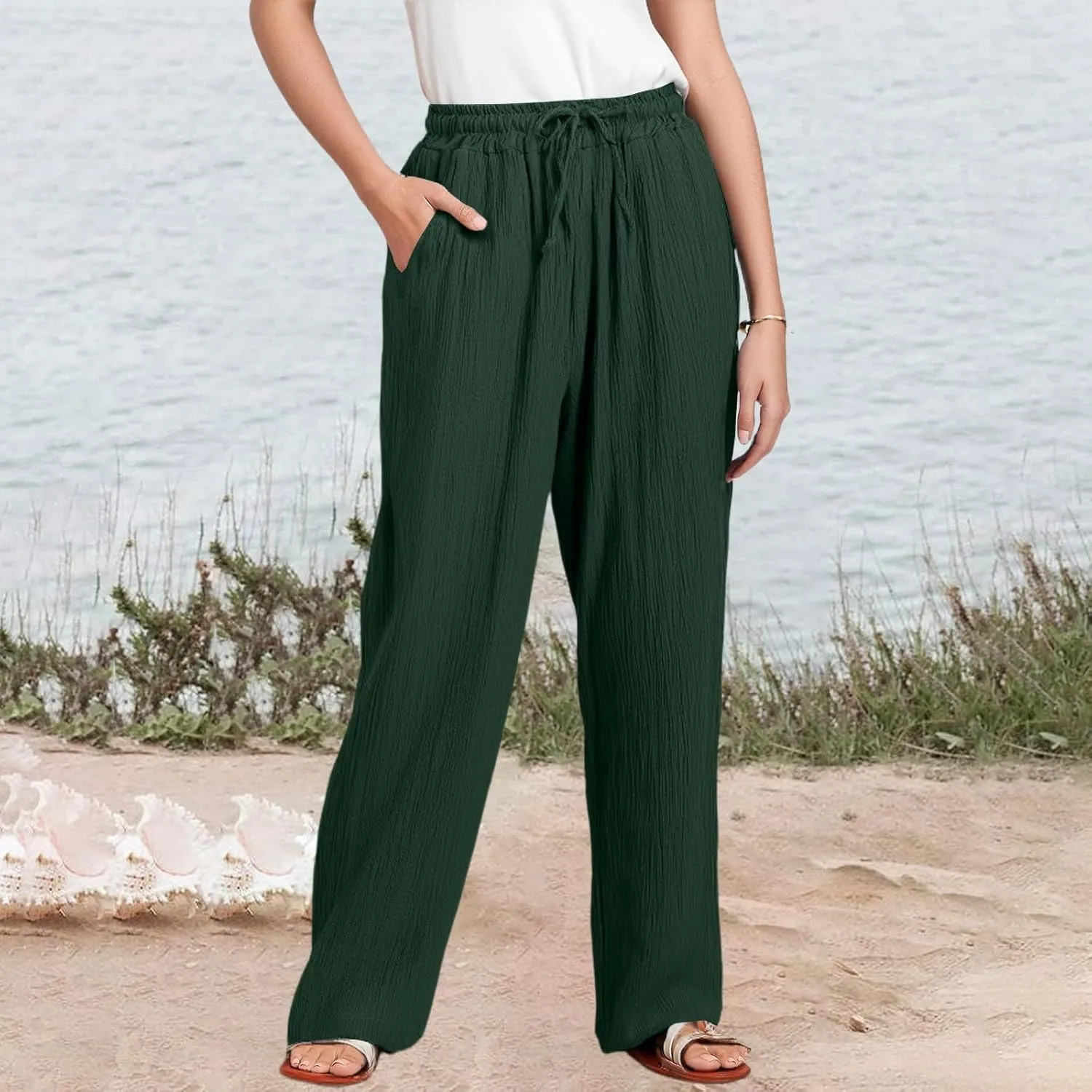 NBXNZWF Women's Linen Pants Wide Leg Elastic High Waisted Pull On Trousers Flowy Summer Beach Palazzo Pants with Pockets