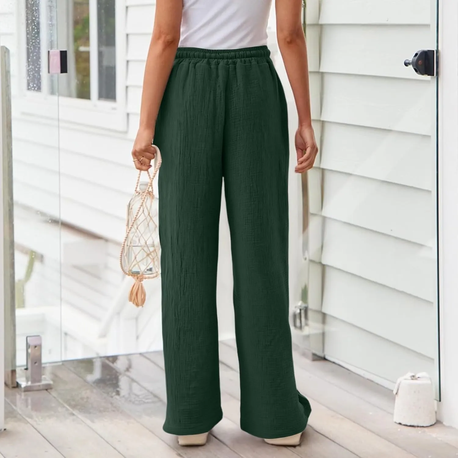 NBXNZWF Women's Linen Pants Wide Leg Elastic High Waisted Pull On Trousers Flowy Summer Beach Palazzo Pants with Pockets