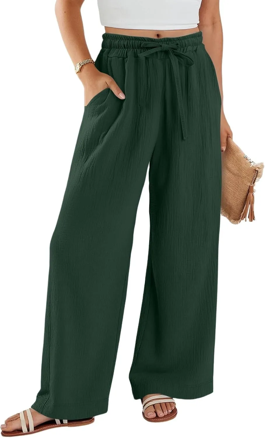 NBXNZWF Women's Linen Pants Wide Leg Elastic High Waisted Pull On Trousers Flowy Summer Beach Palazzo Pants with Pockets