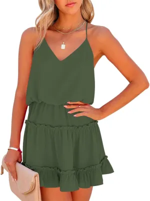 Newffr Womens V Neck Summer Dress Sleeveless Mini Dress Ruffle Dress Spaghetti Strap Racerback Sun Flowy Dress