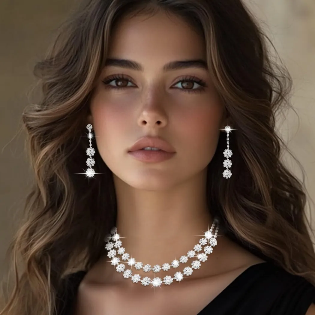 Nicute Crystal Jewelry Set for Women Rhinestone Necklace and Earrings Set Sparkly Wedding Dress Jewelry