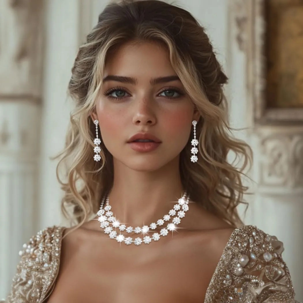 Nicute Crystal Jewelry Set for Women Rhinestone Necklace and Earrings Set Sparkly Wedding Dress Jewelry