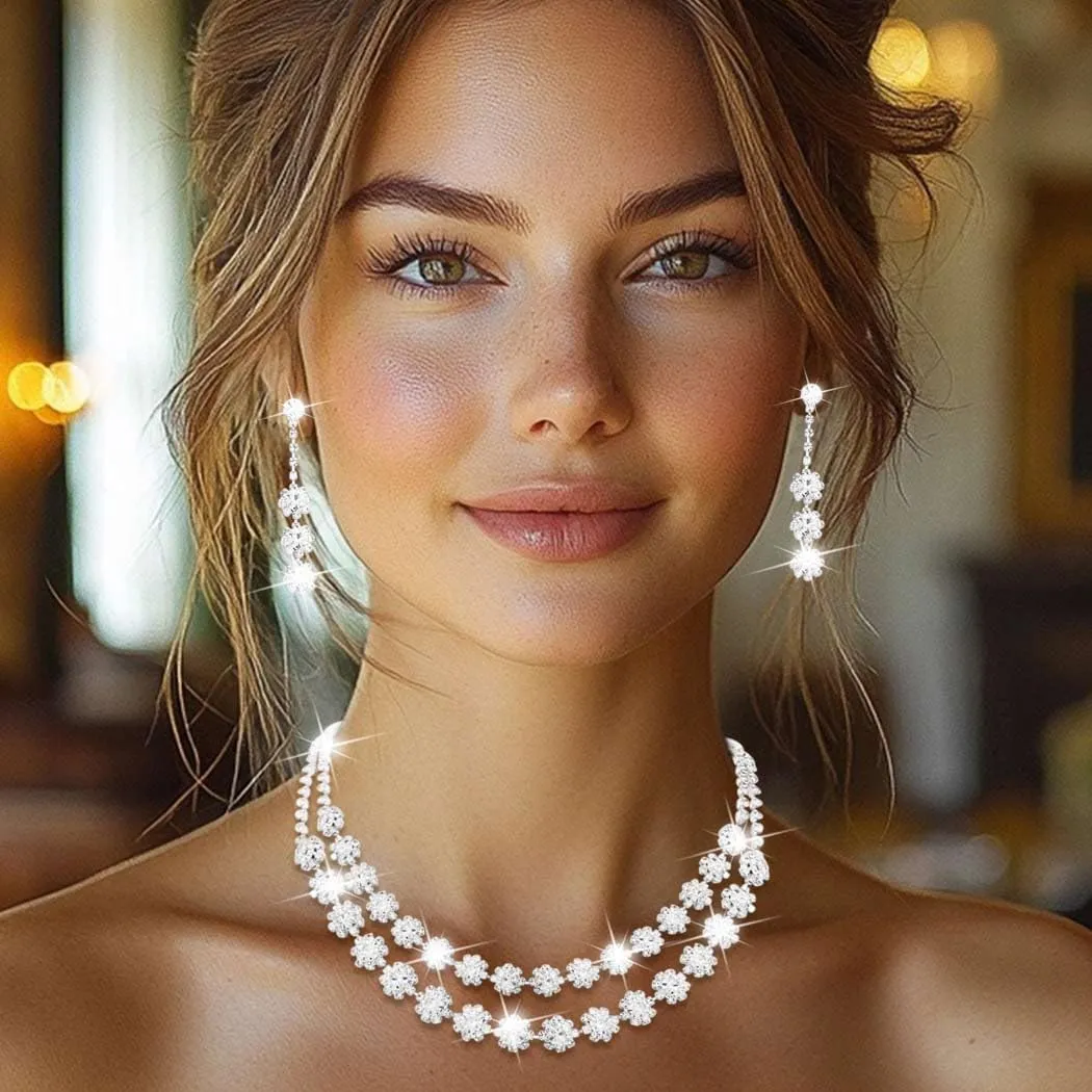 Nicute Crystal Jewelry Set for Women Rhinestone Necklace and Earrings Set Sparkly Wedding Dress Jewelry