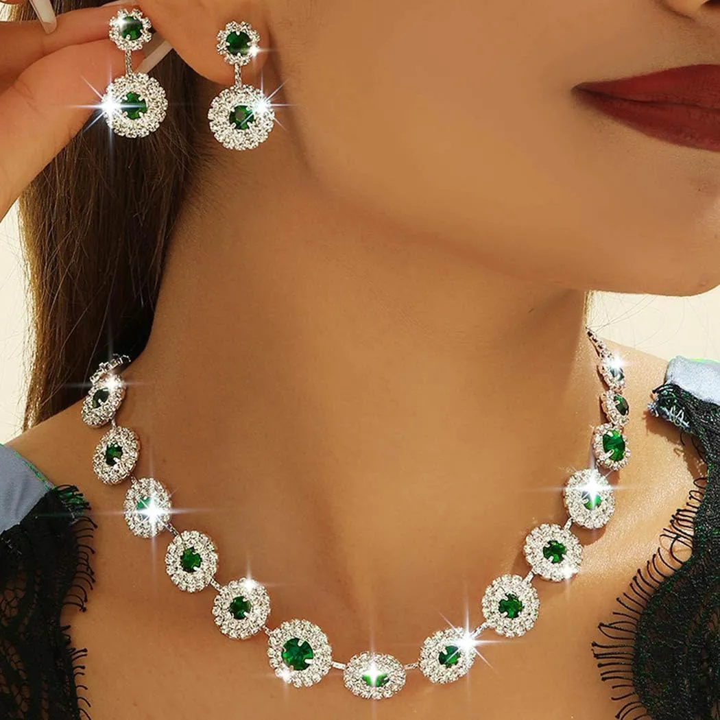 Nicute Rhinestone Wedding Jewelry Set Silver Bridal Necklace Earrings Sets Formal Costume Jewelry for Women