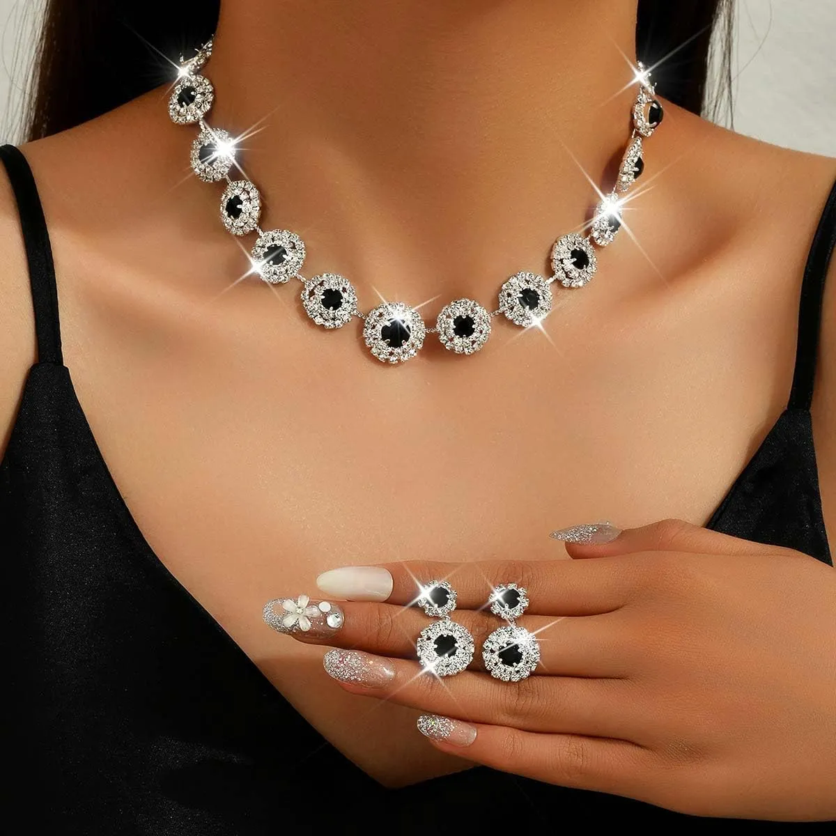 Nicute Rhinestone Wedding Jewelry Set Silver Bridal Necklace Earrings Sets Formal Costume Jewelry for Women