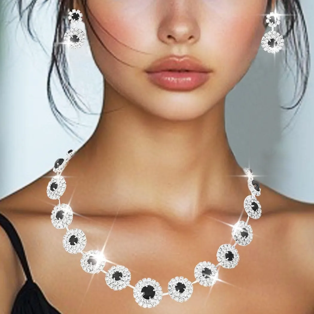 Nicute Rhinestone Wedding Jewelry Set Silver Bridal Necklace Earrings Sets Formal Costume Jewelry for Women